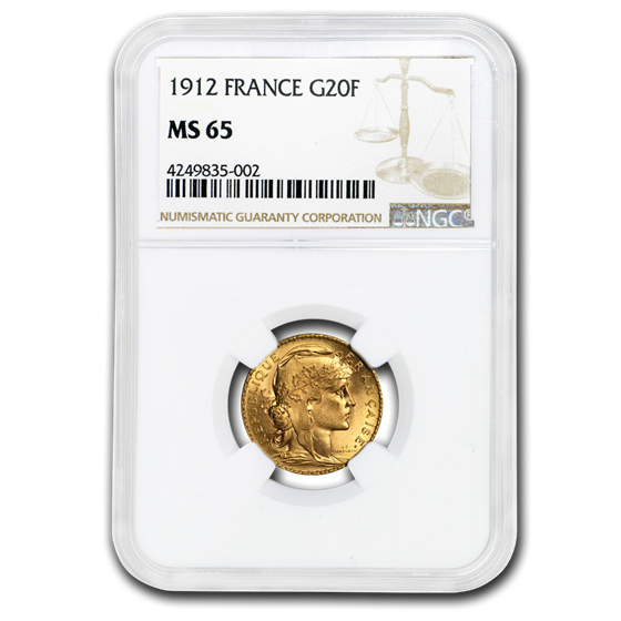 1912 France Gold 20 Francs Rooster MS-65 NGC 1912 France Gold 20 Francs Rooster MS-65 NGC